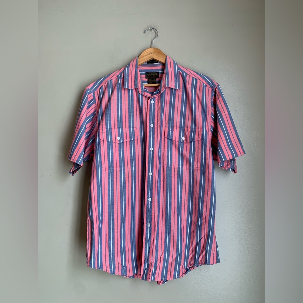 Vintage Eddie Bauer Striped Button-Down Shirt 90s Rufton Twill Short Sleeve Sz L